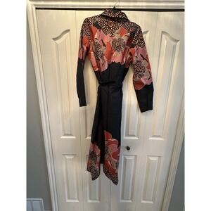 MAGARI Linen Blend Floral Shirt Dress With Belt in Black-Red sz XL Long Sleeve